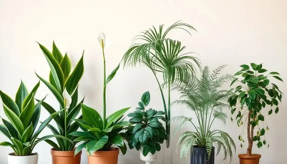 As seis plantas mais eficientes na purificação do ar interior, cada uma com características únicas de filtragem de poluentes específicos e necessidades diferentes de cuidado.