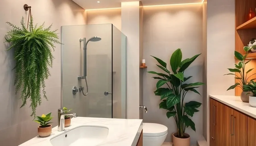 Banheiro decorado com plantas tropicais como samambaia pendente e lírio-da-paz que se beneficiam da umidade natural