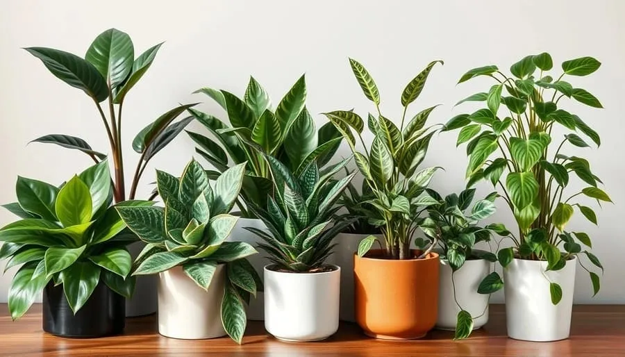 Conjunto de plantas ideais para iniciantes incluindo zamioculca, suculentas e espada-de-são-jorge em vasos modernos
