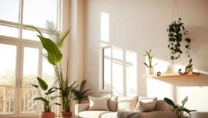 Diferentes espécies de plantas purificadoras de ar transformam esta sala de estar em um ambiente saudável e acolhedor, filtrando poluentes e melhorando a qualidade do ar interior.