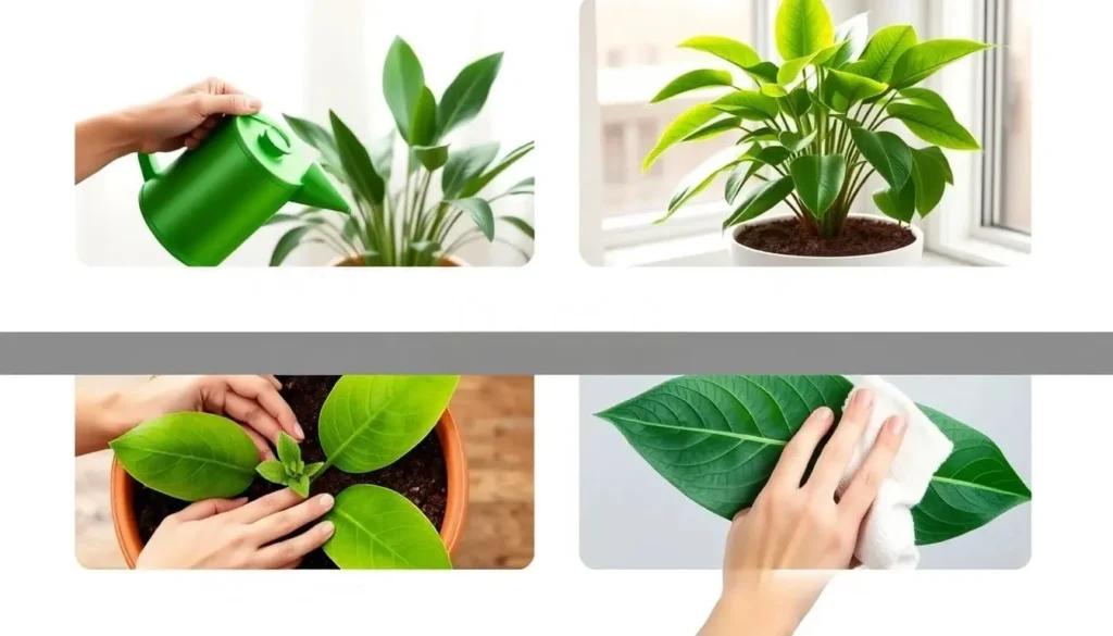 Guia visual dos cuidados essenciais para manter suas plantas purificadoras saudáveis e eficientes na filtragem do ar, com dicas práticas de rega, iluminação, escolha de substrato e manutenção das folhas.