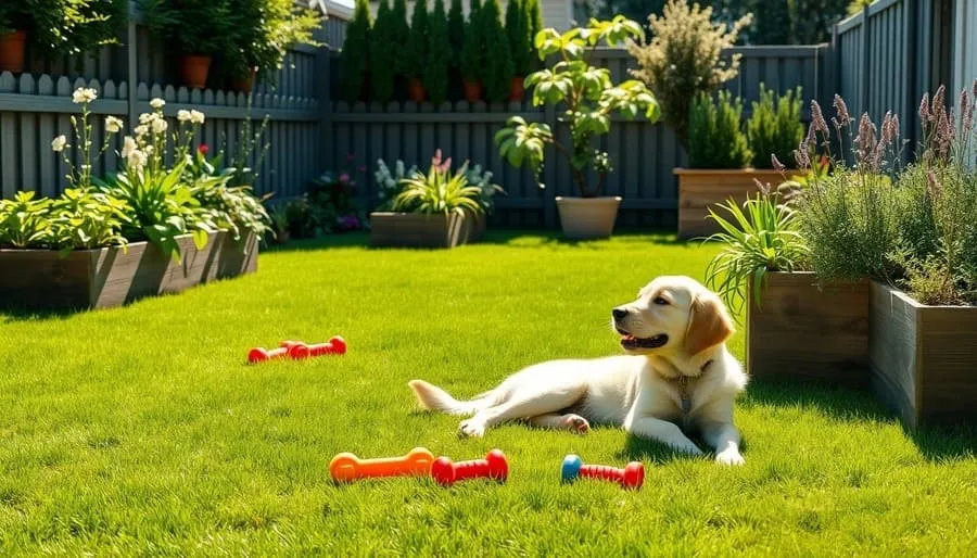 Jardim externo com gramado resistente, plantas seguras em canteiros elevados e cachorro relaxando