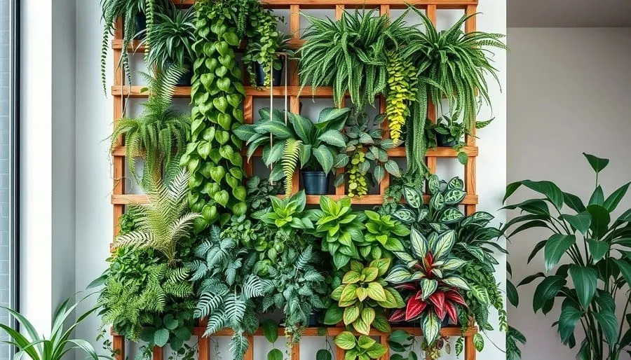 Jardim vertical em apartamento pequeno com diversas espécies de plantas criando uma parede verde decorativa