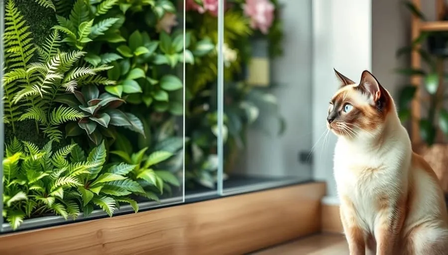 Jardim vertical protegido com barreira transparente e gato observando a distância