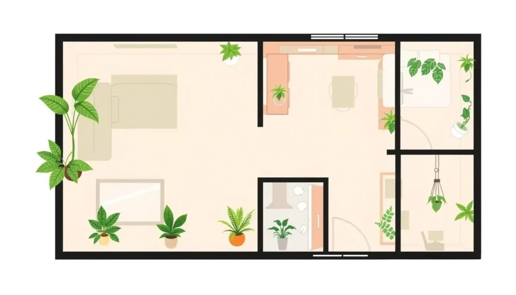 Guia visual que mostra a distribuição estratégica das plantas purificadoras pelos diferentes cômodos da casa, considerando as características de cada ambiente e as necessidades específicas de cada espécie.