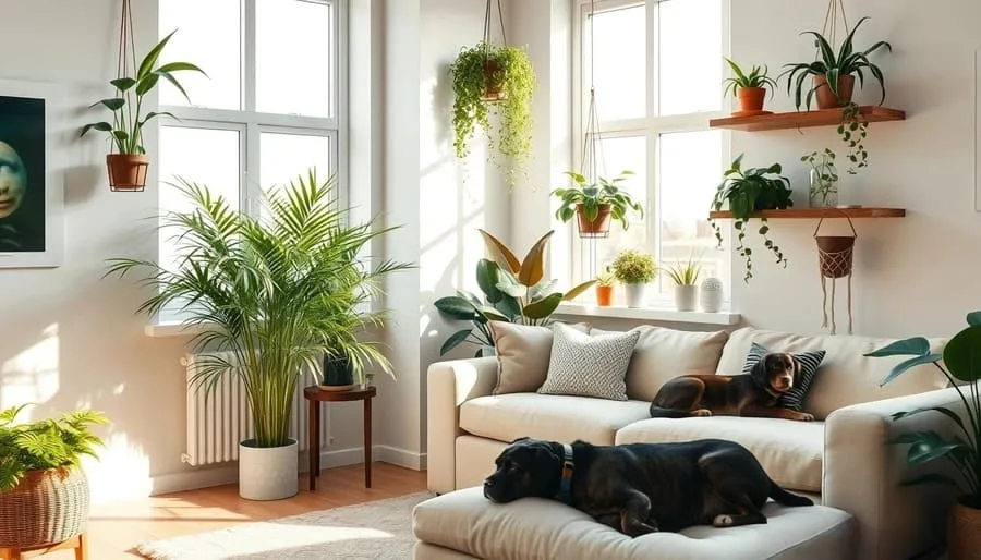 Sala de estar iluminada com plantas seguras para pets e animais de estimação relaxados no ambiente