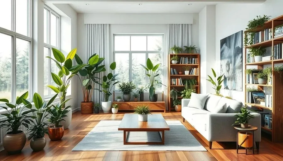 Sala de estar moderna decorada com diversas plantas em vasos elegantes criando um ambiente acolhedor