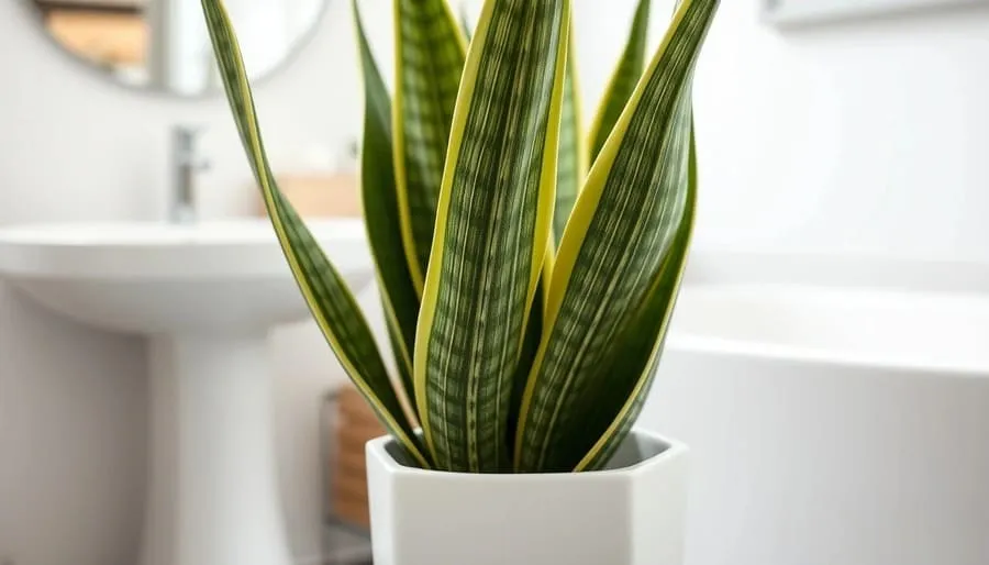 Espada-de-São-Jorge em vaso minimalista ideal para banheiro pequeno com pouca luz
