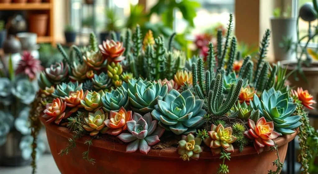 Arranjo de suculentas em vaso de barro, com echeverias, cactos e outras espécies, em tons vibrantes.