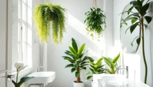 Banheiro decorado com plantas purificadoras de ar como samambaia, lírio da paz e espada-de-são-jorge