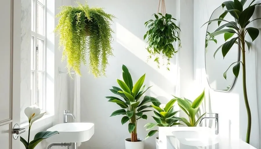 Banheiro decorado com plantas purificadoras de ar como samambaia, lírio da paz e espada-de-são-jorge