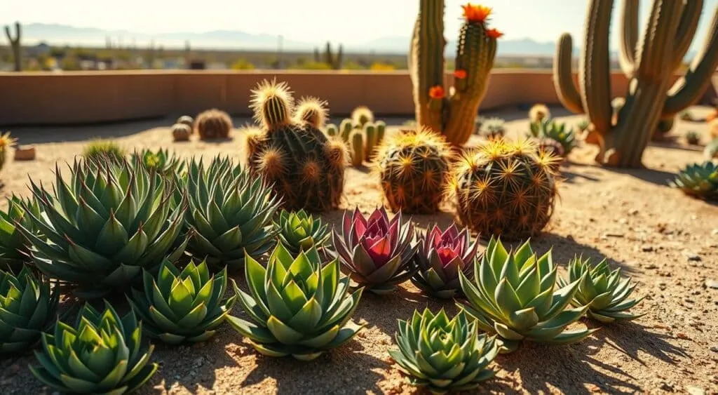 Cactos e suculentas variadas em jardim de pedras, com montanhas e céu azul ao fundo.