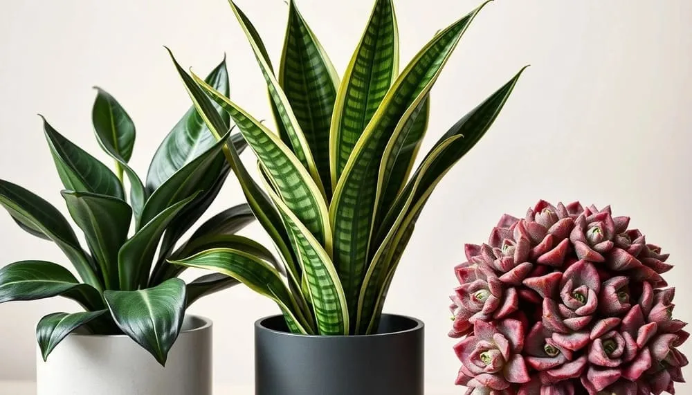 Close-up de Zamioculca, Espada-de-São-Jorge e Suculentas em vasos modernos