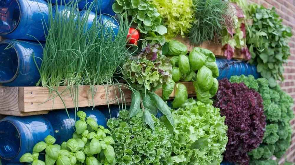 Close-up de ervas e vegetais crescendo em horta vertical feita com materiais reciclados.