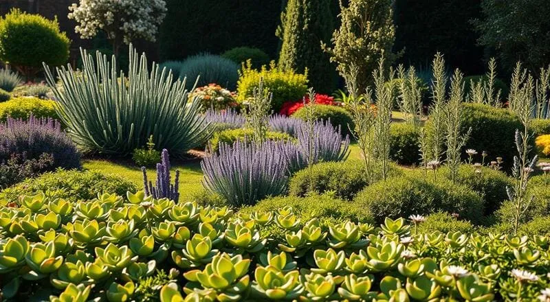 Coleção de plantas em jardim com suculentas, lavandas, agaves e flores brancas.