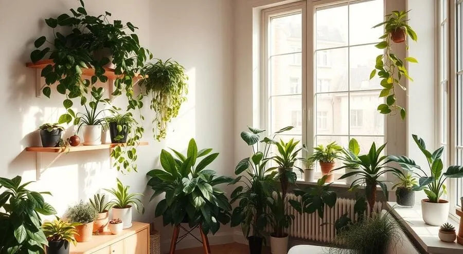Coleção de plantas em sala de estar com prateleiras de madeira, janelas grandes e luz natural.