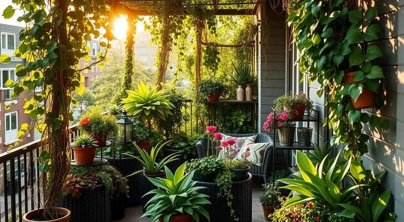 Coleção de plantas em varanda ensolarada com trepadeiras e móveis de vime.