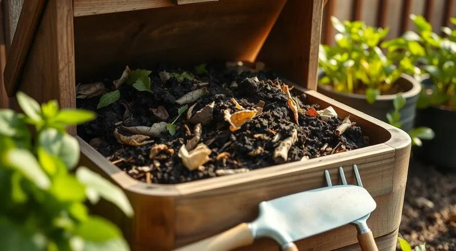 Composteira de madeira com composto orgânico e ferramentas de jardinagem