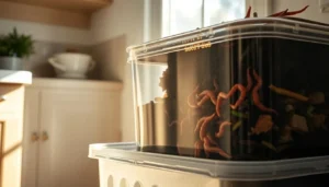 Composteira doméstica com minhocas californianas e resíduos orgânicos