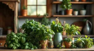 Cozinha moderna com bancada de madeira e vasos de ervas frescas, iluminada pela luz do sol