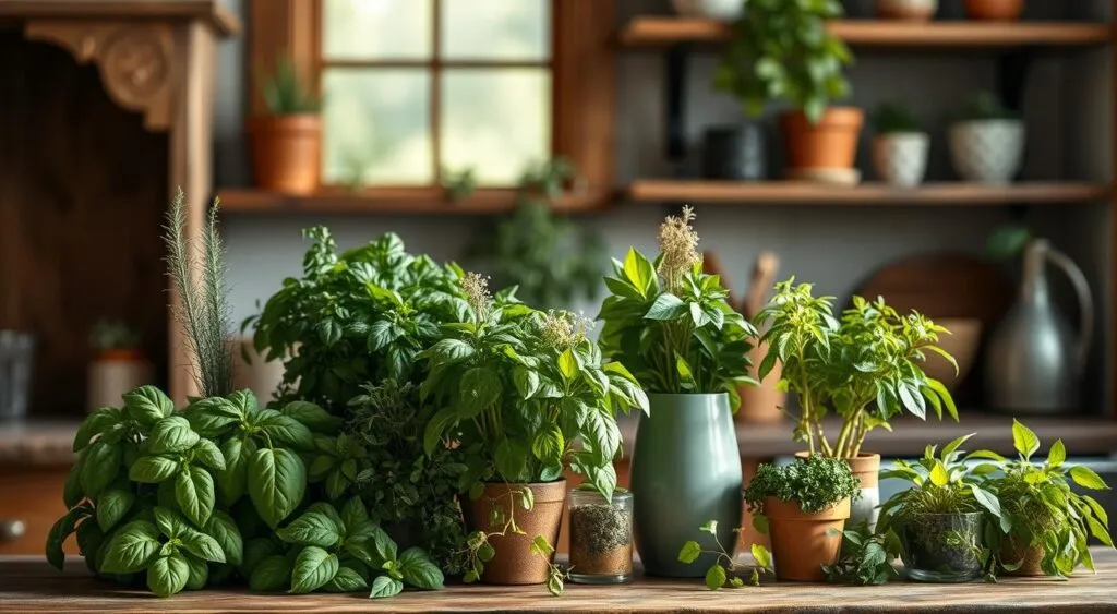 Cozinha moderna com bancada de madeira e vasos de ervas frescas, iluminada pela luz do sol