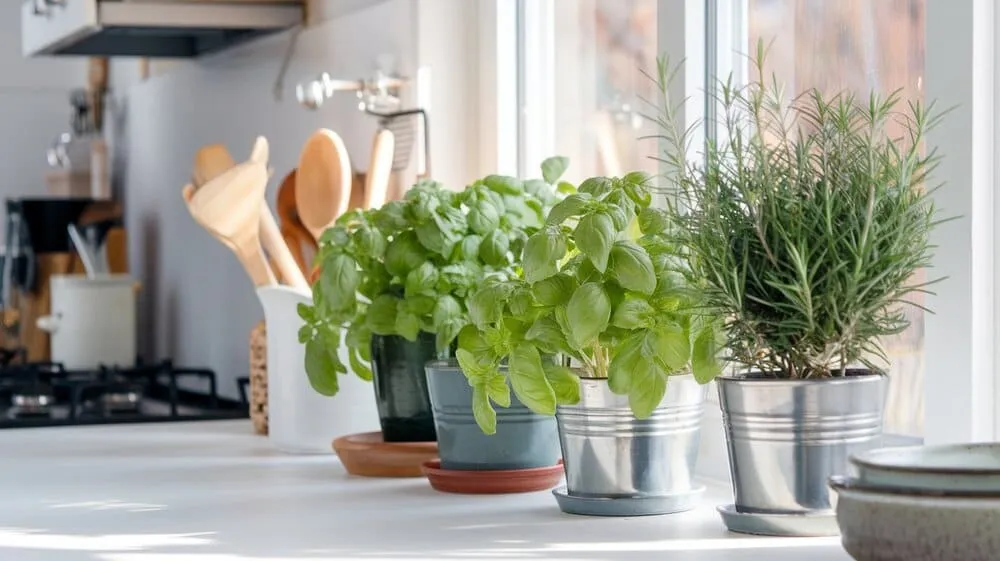 Cozinha moderna com ervas aromáticas crescendo em vasos na bancada, iluminadas pela luz do sol.