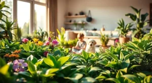 Criança e cachorro sentados no chão entre plantas floridas e folhagens em sala ensolarada com móveis ao fundo.