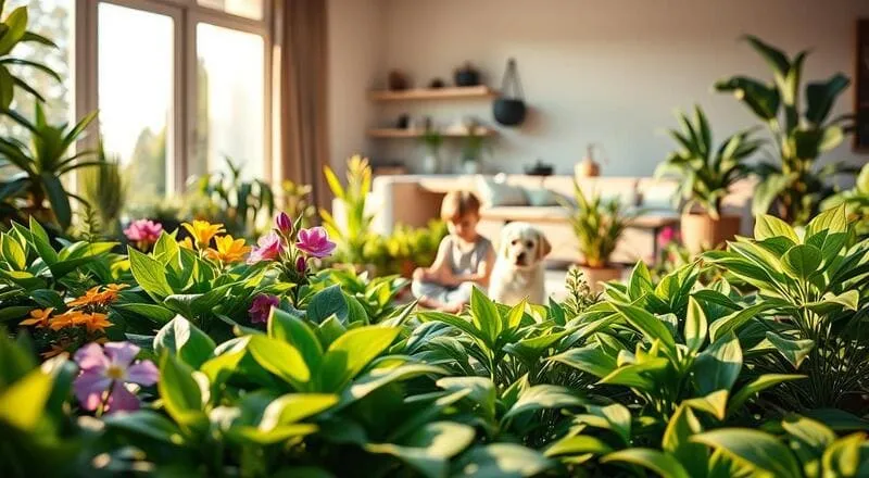 Criança e cachorro sentados no chão entre plantas floridas e folhagens em sala ensolarada com móveis ao fundo.