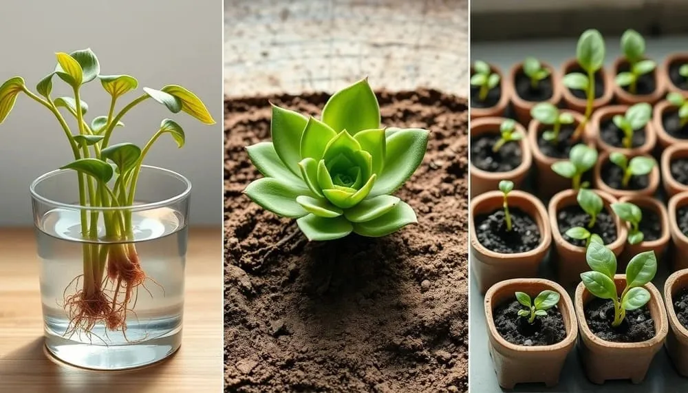 Diferentes métodos de propagação de plantas, estacas em água, folhas de suculentas no solo e mudas jovens em vasos pequenos