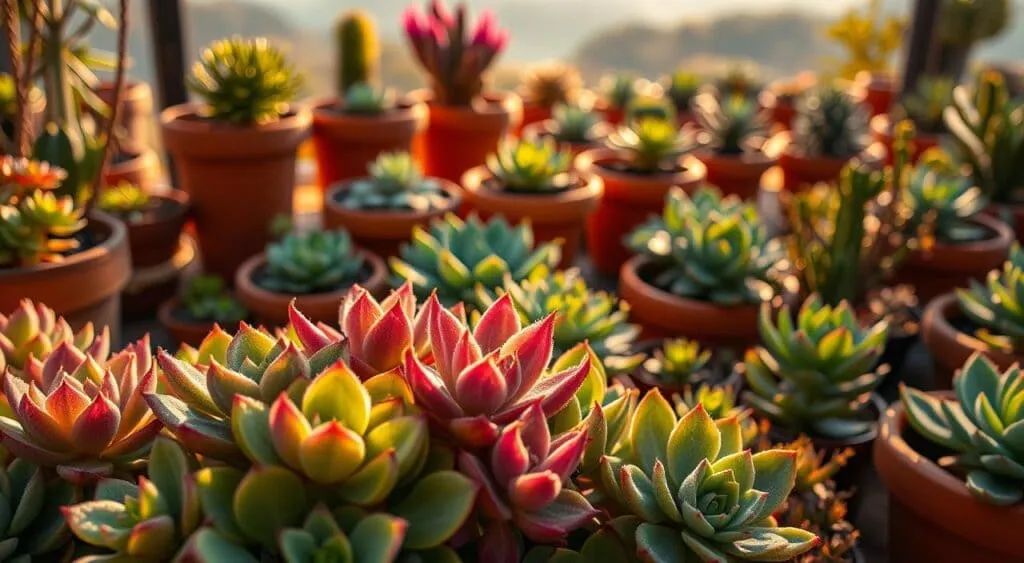 Diversas suculentas em vasos de barro, com destaque para echeverias e cactos, em ambiente com luz suave