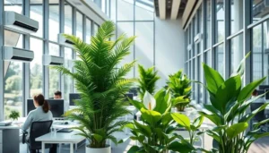 Escritório moderno com plantas exuberantes e ar condicionado