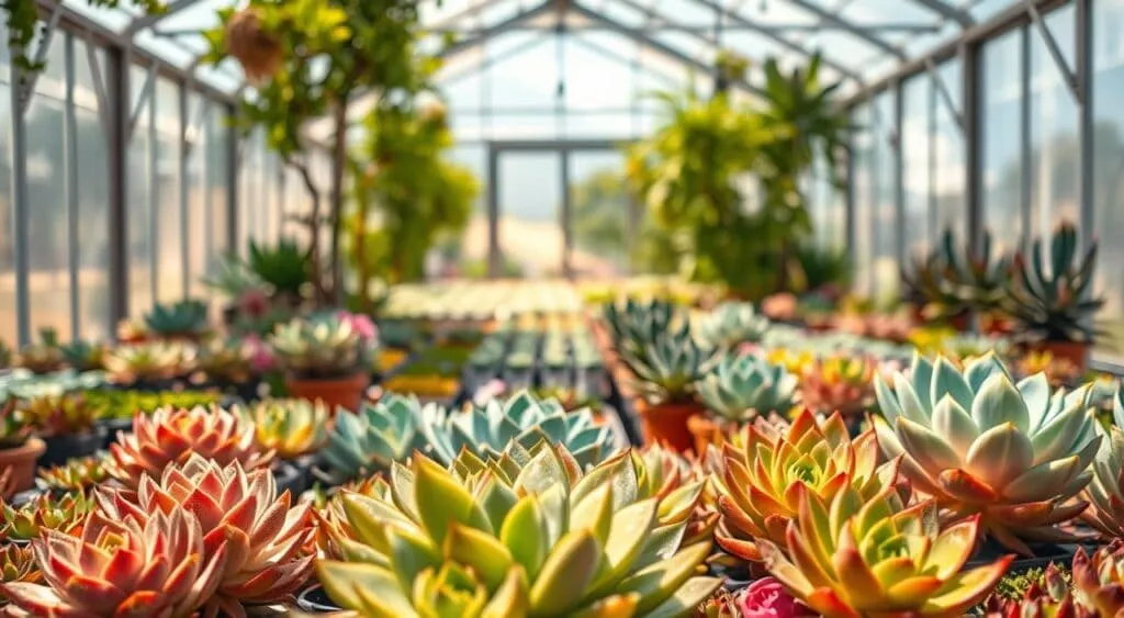 Estufa de vidro com coleção de suculentas, incluindo echeverias, em vasos de barro, com luz natural.