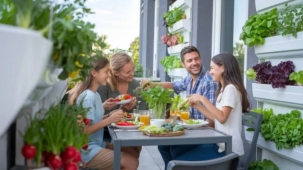 Família feliz desfrutando de refeição com alimentos da horta vertical em varanda.