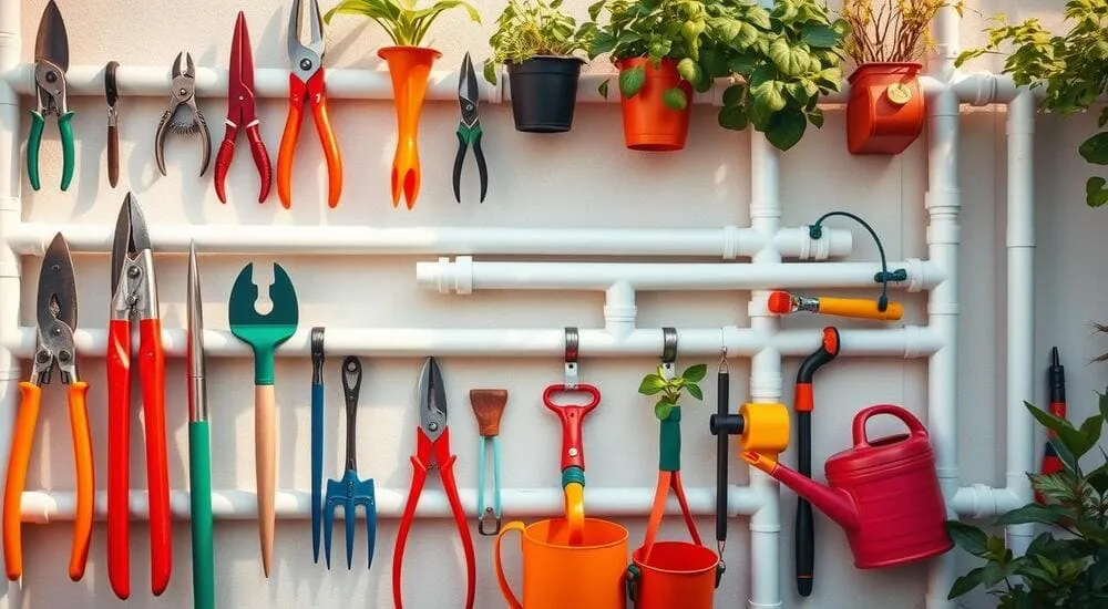 Ferramentas de jardinagem coloridas penduradas em estrutura de tubos brancos com vasos de plantas.