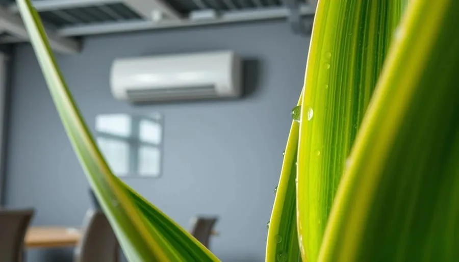 Folhas de jiboia com gotículas de água em escritório com ar condicionado.