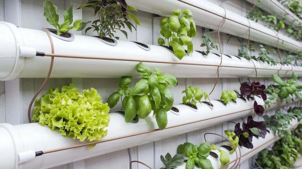 Horta vertical construída com tubos de PVC brancos, fixados em muro de concreto, com manjericão e pimenta crescendo.