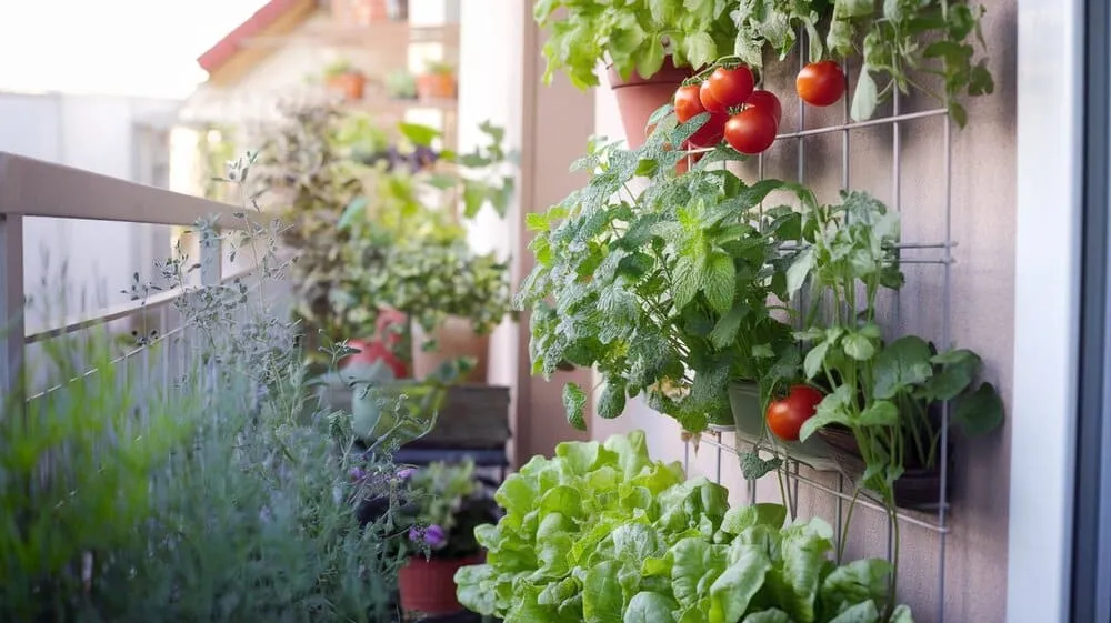 Horta vertical exuberante em varanda ensolarada, com homem regando as plantas.