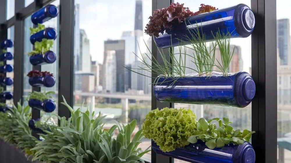 Horta vertical feita com garrafas PET recicladas, fixadas em parede de tijolos, com mudas de alface e rúcula.