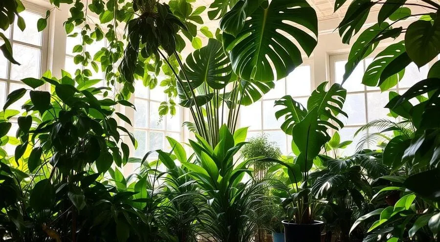 Interior de sala ensolarada com diversas plantas, incluindo Monstera, em frente a janelas com moldura branca.