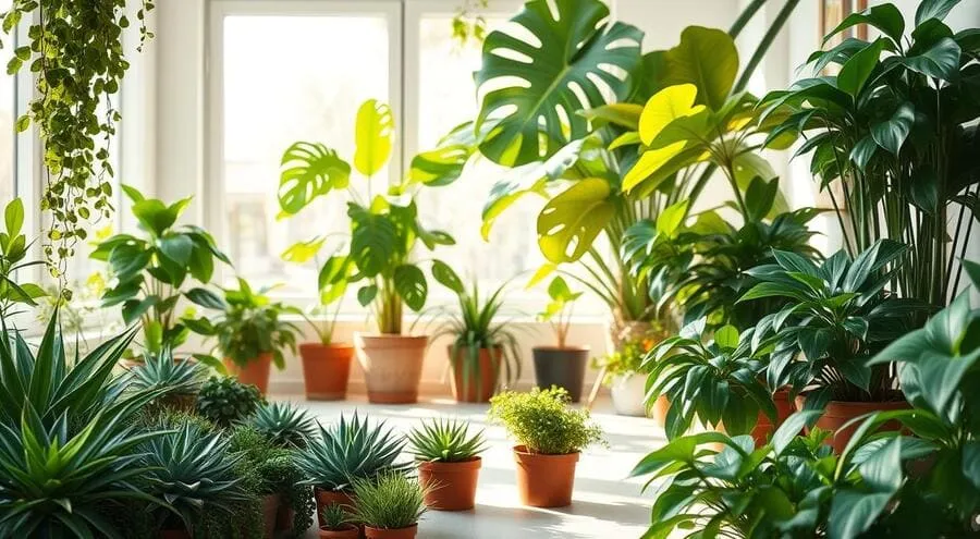 Interior de sala ensolarada com plantas variadas, incluindo Monstera e Agave, em vasos de barro.