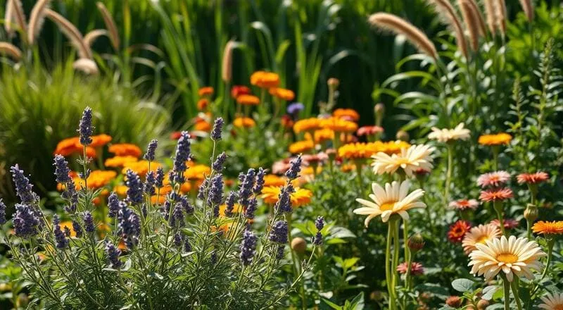 Jardim com flores laranjas, roxas e brancas. plantas que espantam pernilongo.