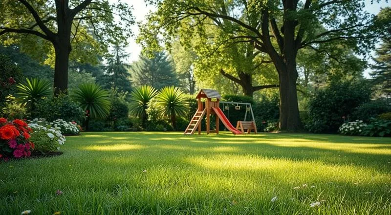 Jardim com gramado verde, árvores altas, arbustos floridos e playground infantil com escorregador e balanço.