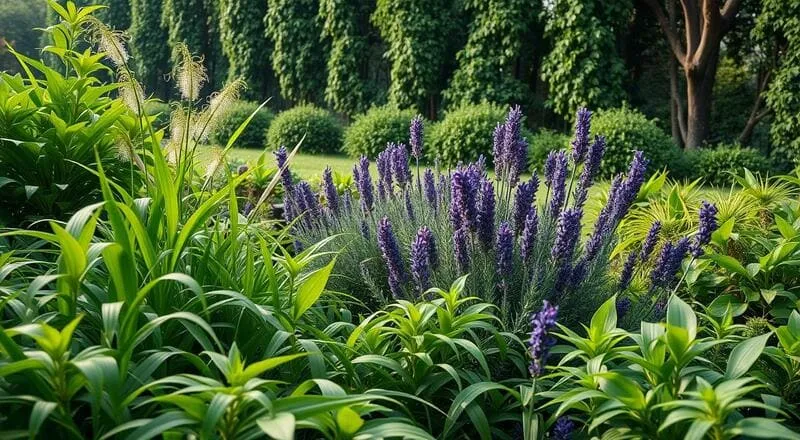 Jardim com lavandas roxas, folhagem verde e gramíneas. plantas que espantam pernilongo