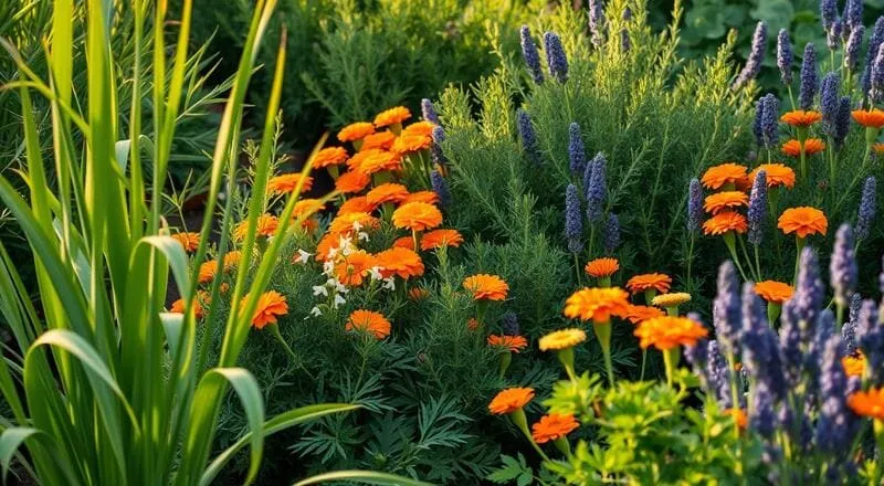 Jardim com tagetes laranja, lavandas roxas e folhagem verde, em ambiente externo com luz natural. plantas que espantam pernilongo