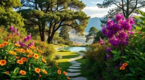 Jardim exuberante com flores coloridas, lago tranquilo e caminho de pedras. Projeto jardim sensorial.