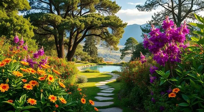 Jardim exuberante com flores coloridas, lago tranquilo e caminho de pedras. Projeto jardim sensorial.