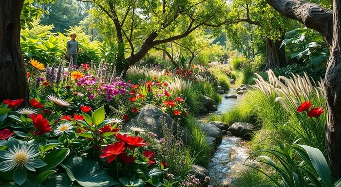 Jardim exuberante com riacho, flores coloridas e pessoa ao fundo.