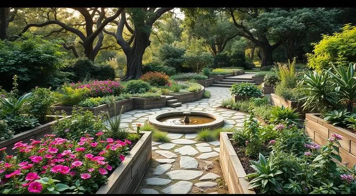 Jardim formal com fonte central, caminhos de pedra e canteiros de flores.