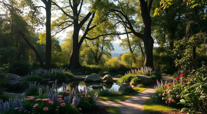 Jardim tranquilo com lago, pedras, flores e árvores altas.