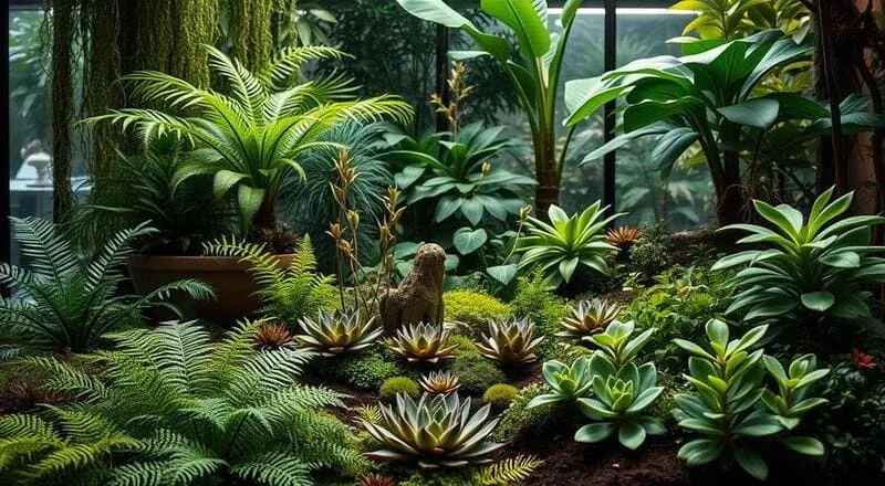 Jardim tropical exuberante com diversas plantas, incluindo samambaias, palmeiras e suculentas.